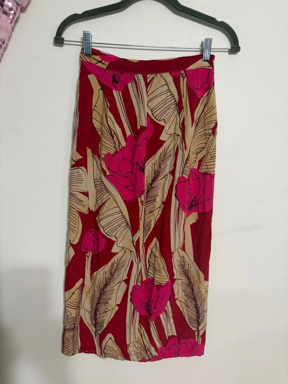 Zara Red and Pink Tropical Midi Skirt